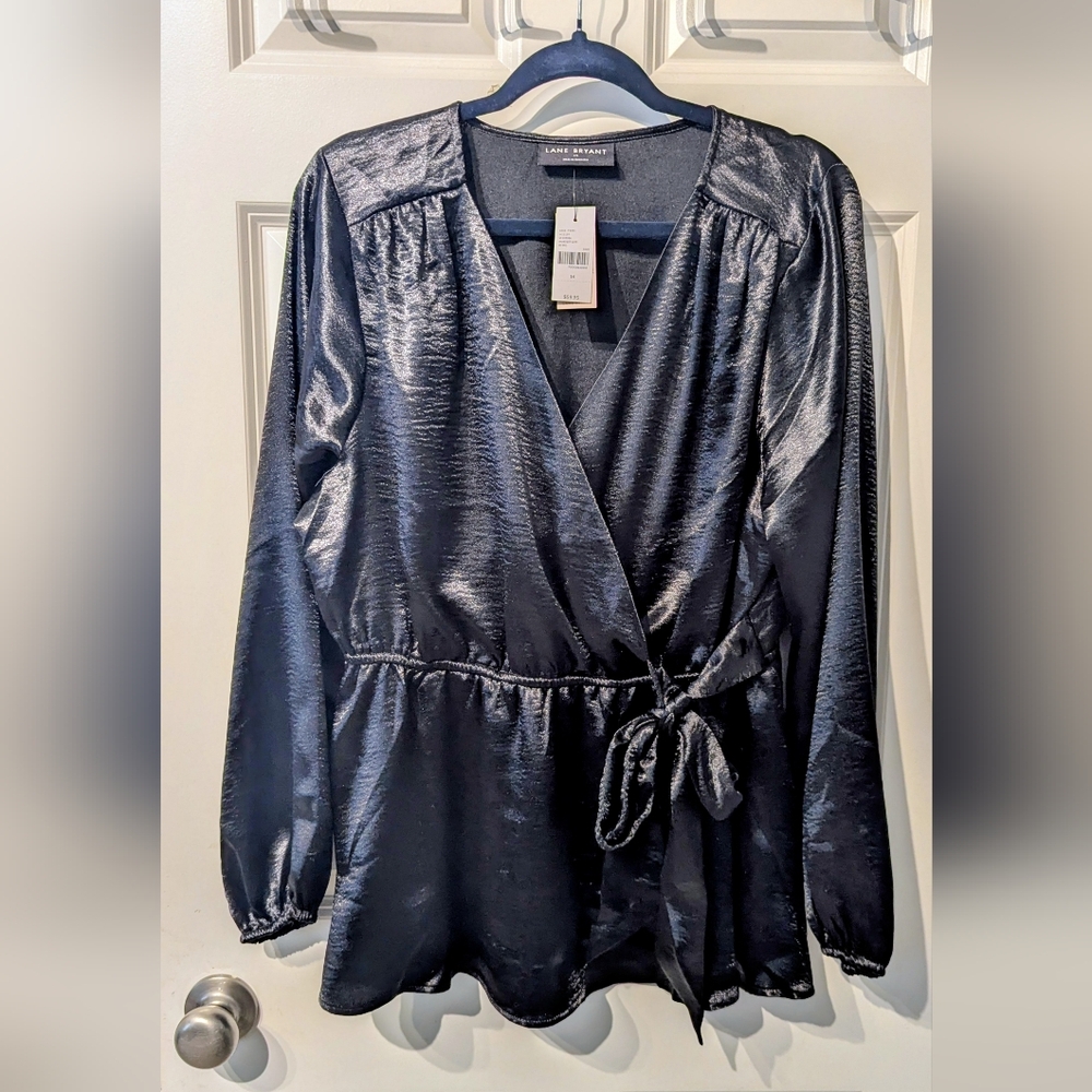 Lane Bryant Shiny Black Long Sleeve Wrap Dress